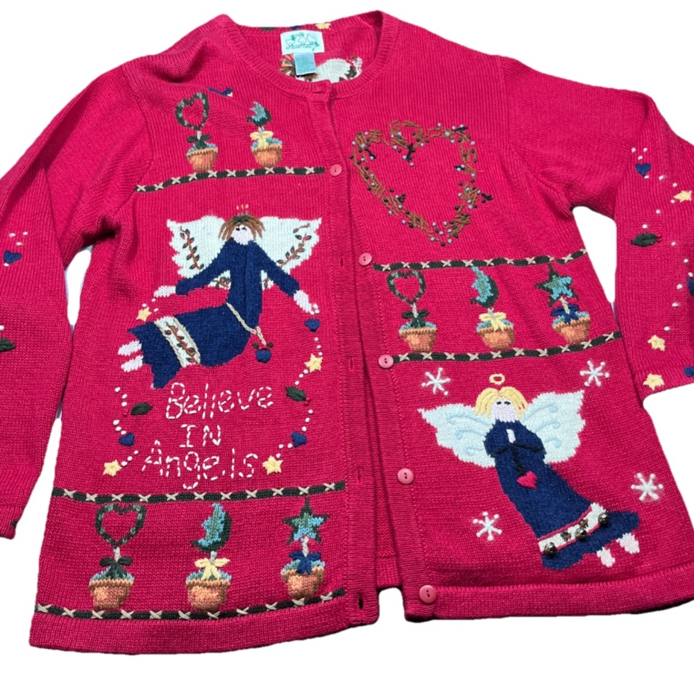 The Quacker Factory Red ANGELS  CHRISTMAS Knit Cardigan button Sweater Womens Lg